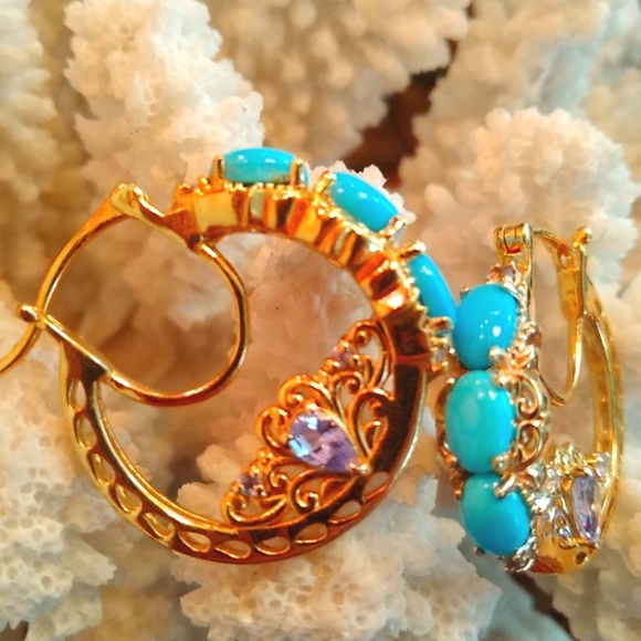 ARIZONA SLEEPING BEAUTY TURQUOISE & TANZANITE HOOP EARRINGS - Picture 2 of 7